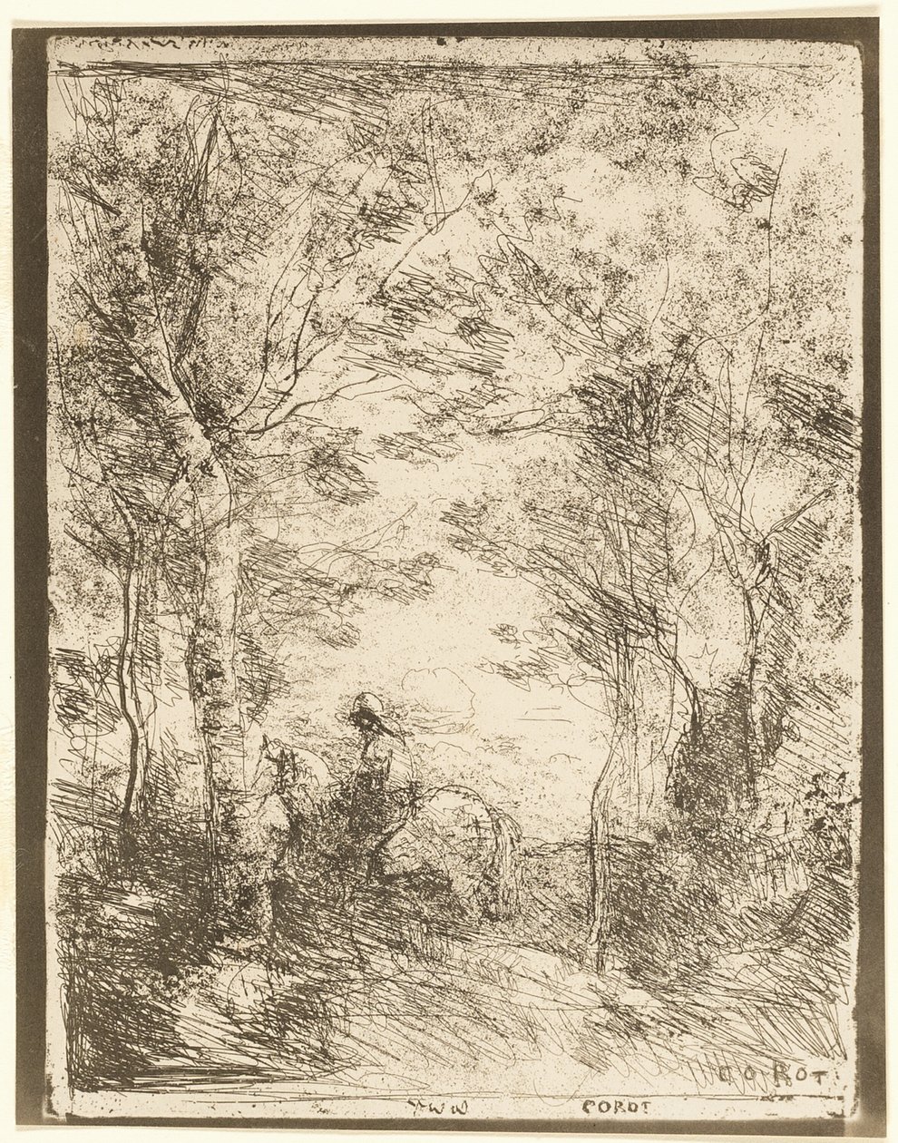 The Rider in the Woods, small plate by Jean Baptiste Camille Corot