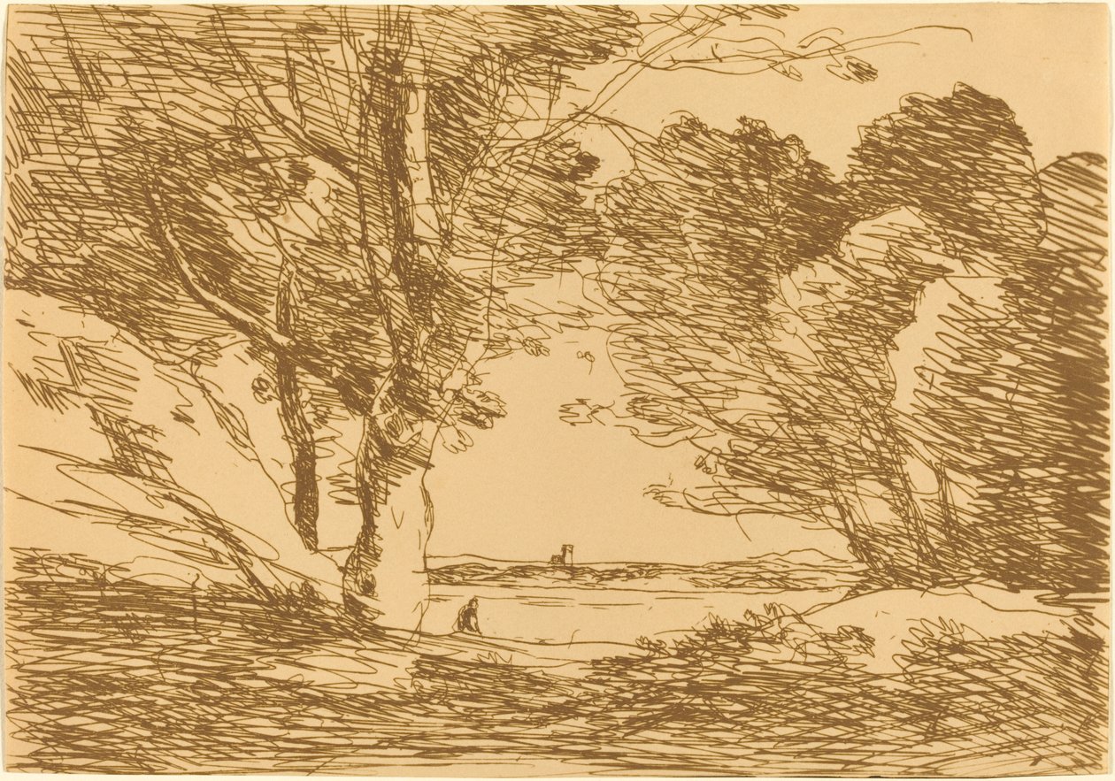 Tower on the Horizon of a Lake by Jean-Baptiste-Camille Corot