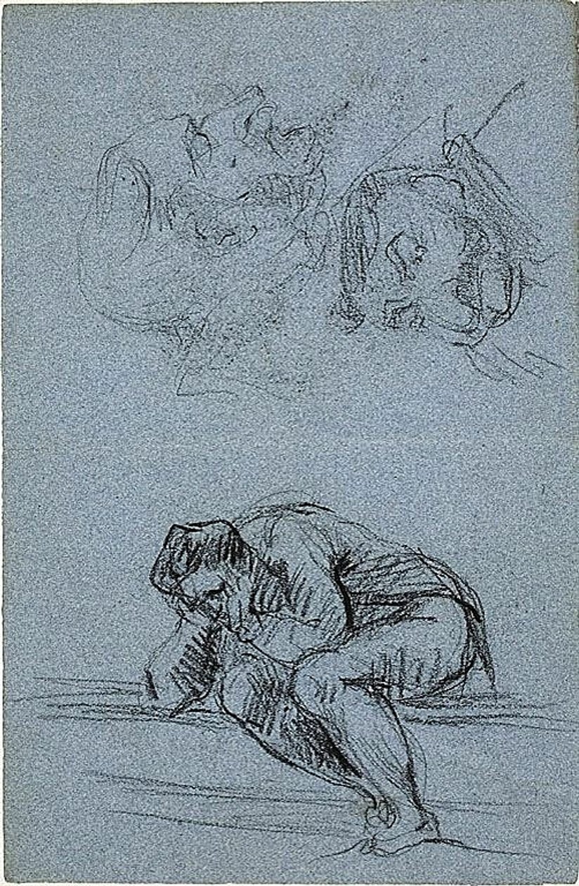 Seated Figure with Head in Hands and Two Caricatures (recto); Four Figures in a Lunette (verso) by Jean Baptiste Carpeaux