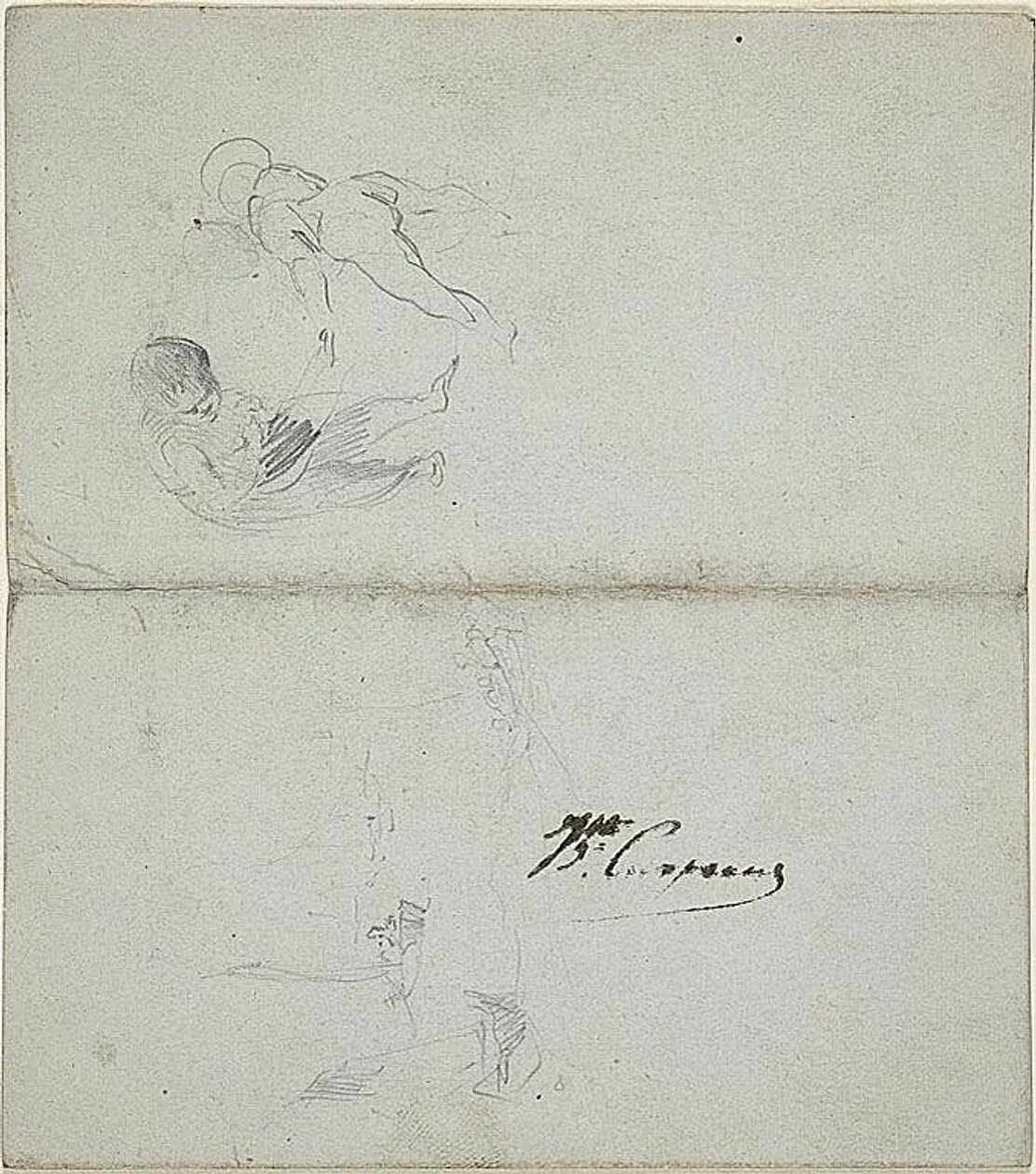 Sketches of Two Children, Boats at Sea (front); Sketches of Striding Male Figure Holding Staff and Coastal Scene (back) by Jean Baptiste Carpeaux