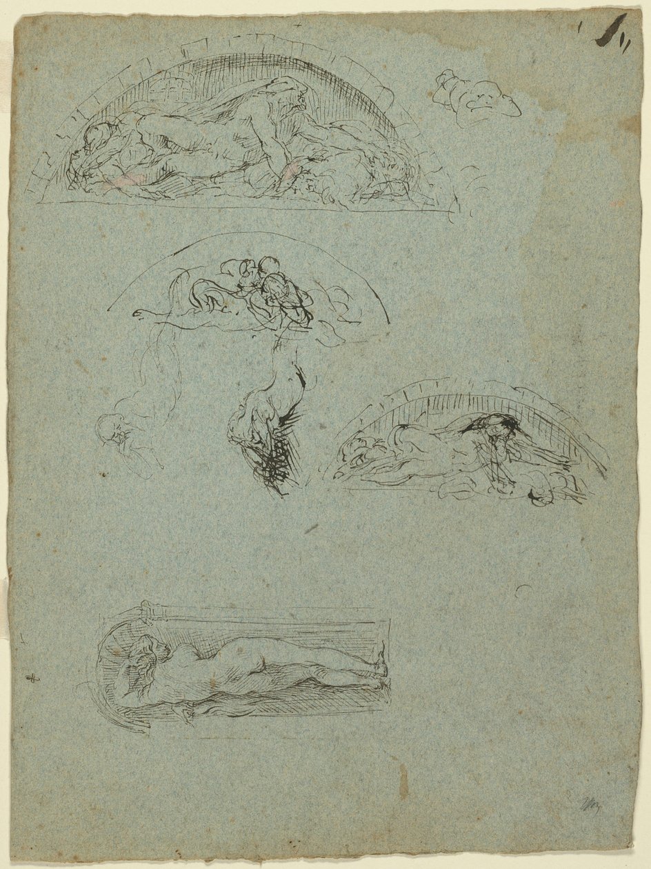 Standing Figure in a Niche and Studies for the Ugolino Group (recto); Red-Robed Prelate in a Crowd (verso) by Jean Baptiste Carpeaux
