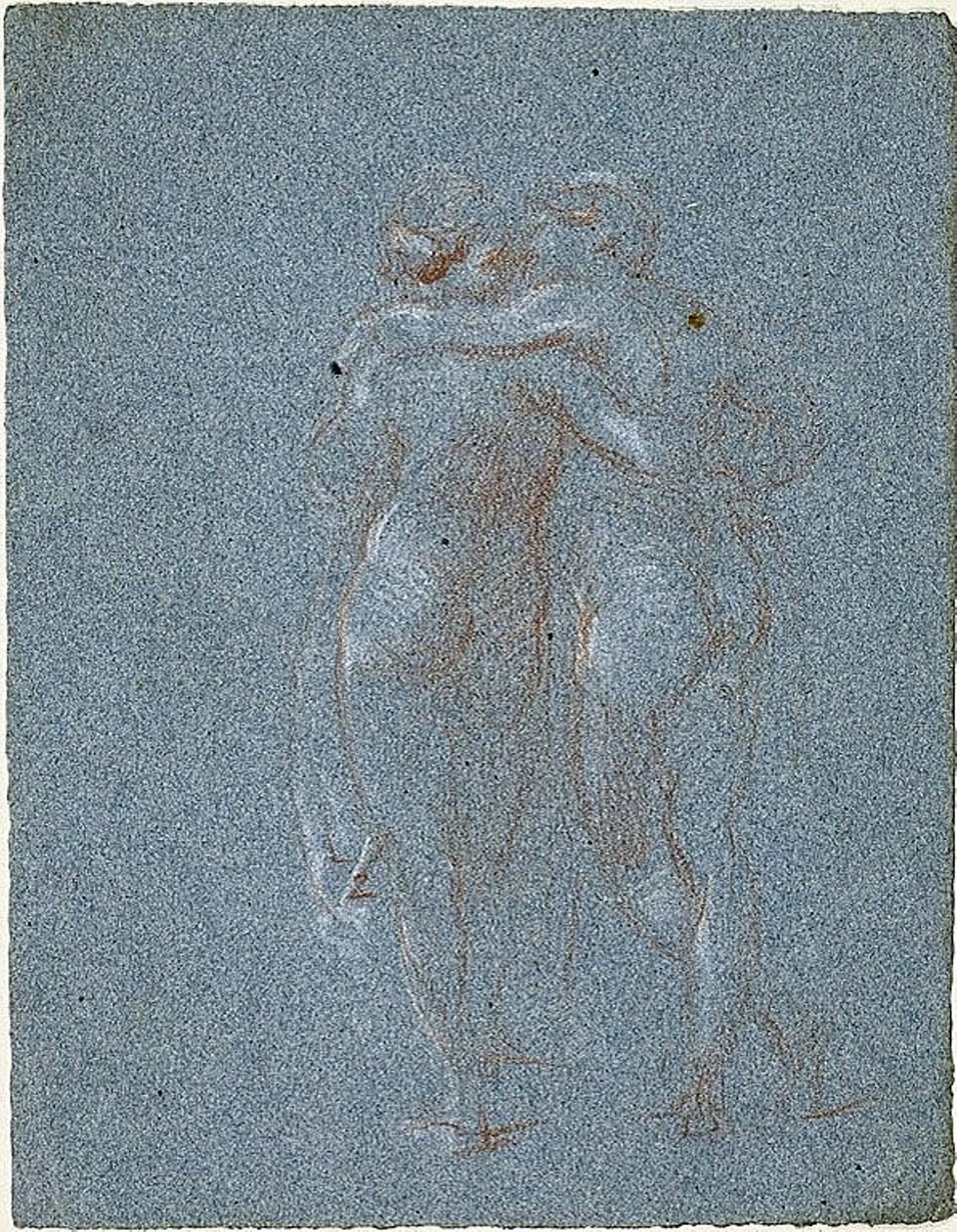 Two Standing Figures, Embracing (recto); Man with Scythe and Sketches of Buildings (verso) by Jean Baptiste Carpeaux