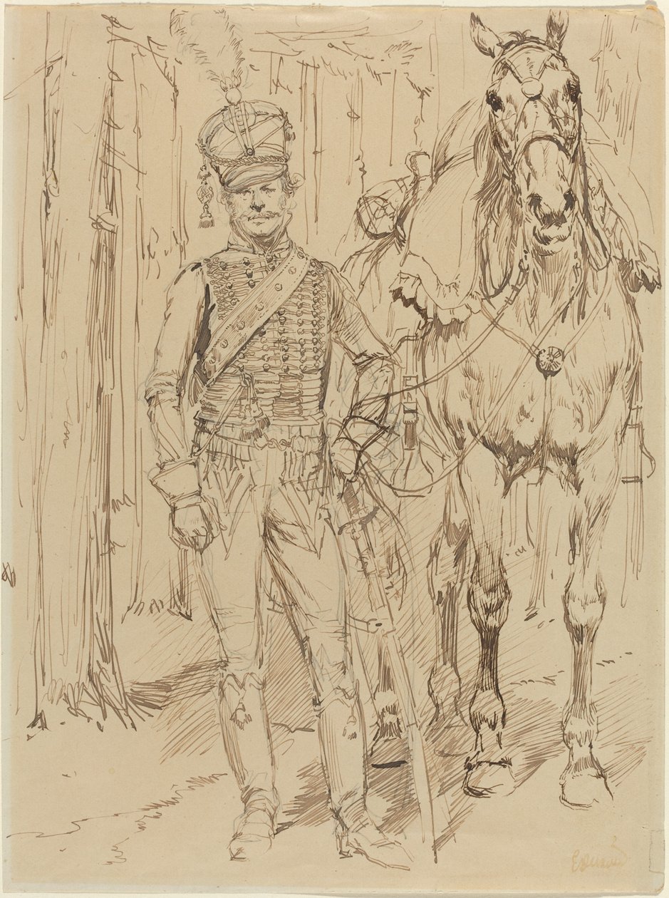 A French Hussar Leading a Horse by Jean Baptiste Edouard Detaille