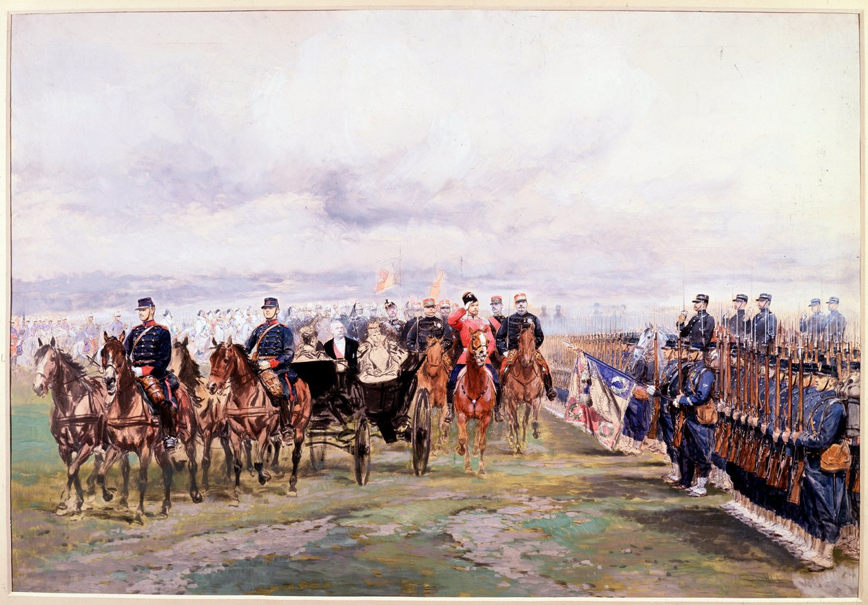 Tsar Nicolas reviews the troops with Felix Faure in Chalon-sur-Marne during his visit in France, October 9th by Jean Baptiste Edouard Detaille