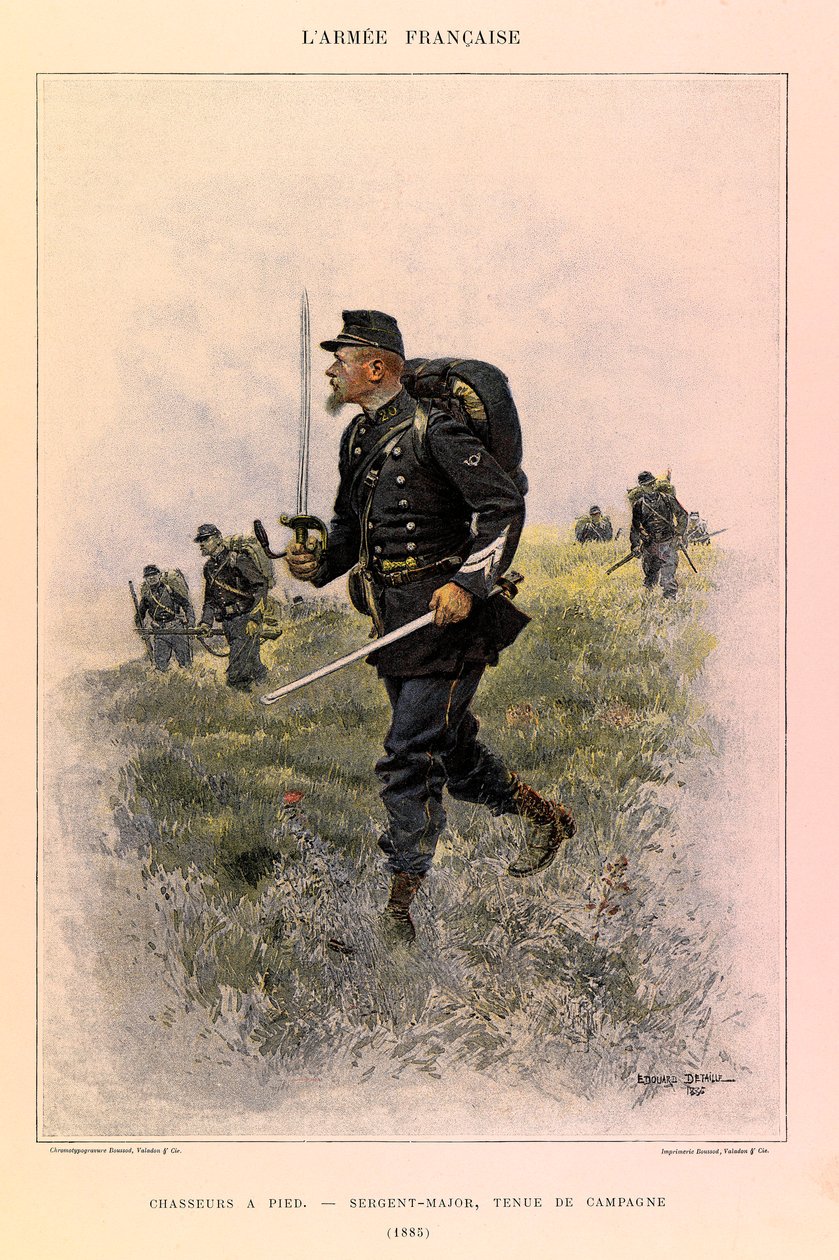 Types and Uniforms of the French Army by Captain Jules Richard, Illustrated by Edouard Detaille: Foot Hunters: Sergeant Major in Field Dress in 1885, Private Collection by Jean Baptiste Edouard Detaille