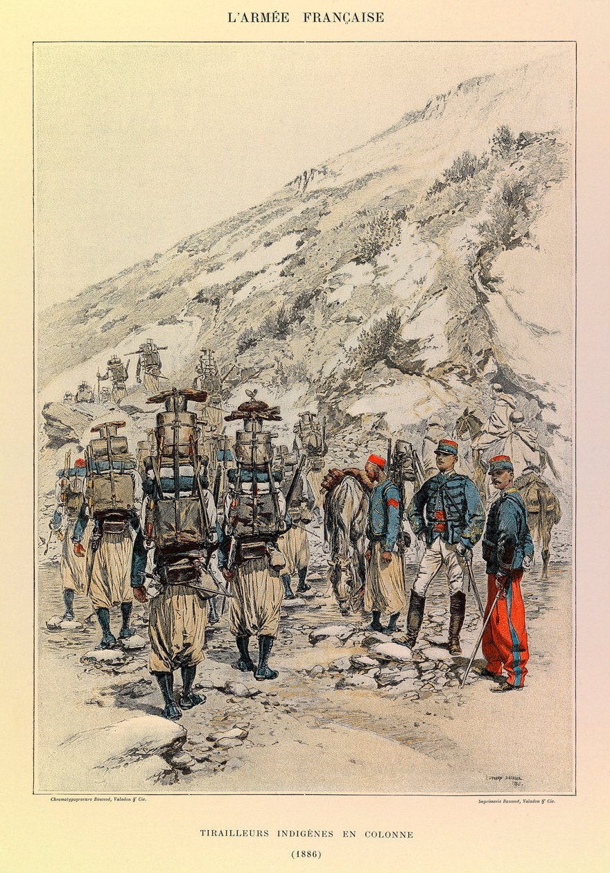 Types and Uniforms of the French Army: Indigenous Tirailleurs in Column in 1886, Private Collection by Jean Baptiste Edouard Detaille