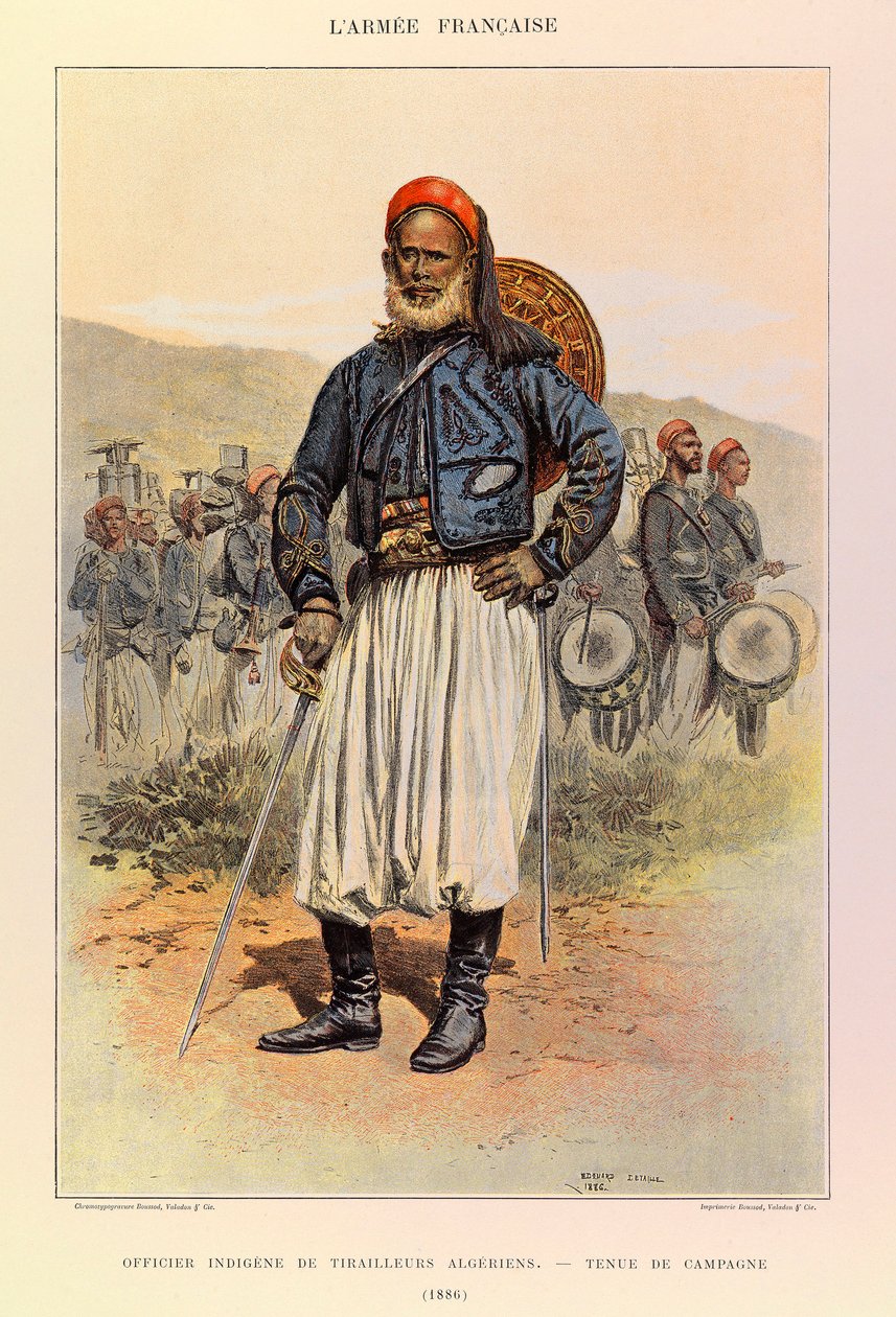 Types and uniforms of the French Army of Captain Jules Richard, illustrated by Edouard Detaille (1848-1912): Native Officer of Algerian Tuniors in Field Dress in 1886, Private Collection by Jean Baptiste Edouard Detaille
