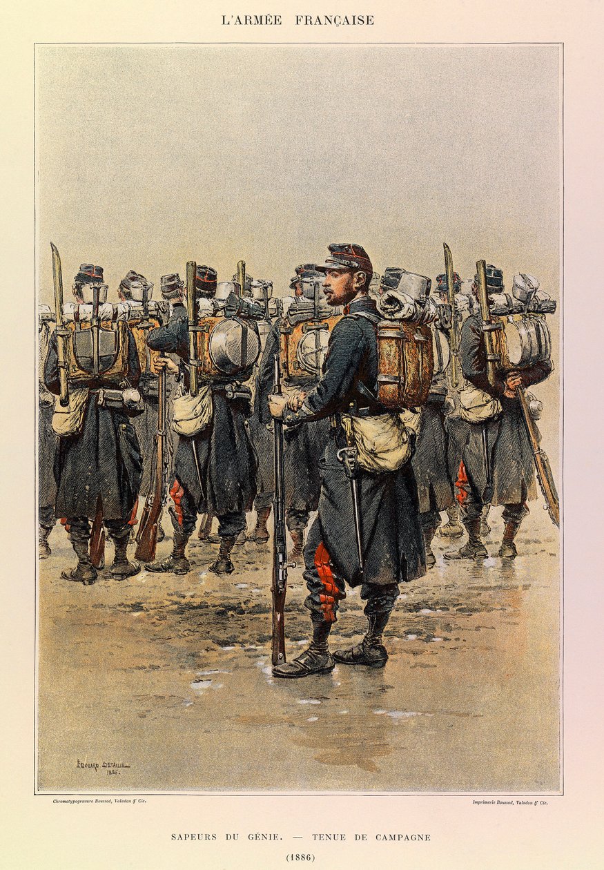 Types and Uniforms of the French Army by Captain Jules Richard, Illustrated by Edouard Detaille: Sapper of the Engineers in Field Dress in 1886 by Jean Baptiste Edouard Detaille