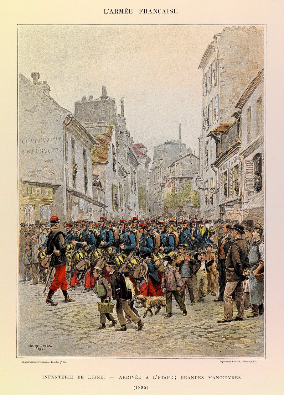 Types and Uniforms of the French Army by Captain Jules Richard, Illustrated by Edouard Detaille: Line Infantry: Arrival at the Stage During the Major Manoeuvres in 1885 by Jean-Baptiste Edouard Detaille