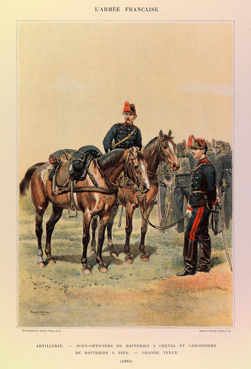 Types and uniforms of the French Army of Captain Jules Richard, illustrated by Edouard Detaille (1848-1912): Artillery: Under-officers of batteries on horses and gunners of battery on foot in large attire in 1886 by Jean Baptiste Edouard Detaille