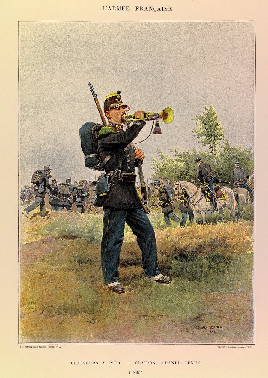 Types and uniforms of the French Army of Captain Jules Richard, illustrated by Edouard Detaille (1848-1912): Hunters on foot: Bugle in great dress in 1885 by Jean Baptiste Edouard Detaille