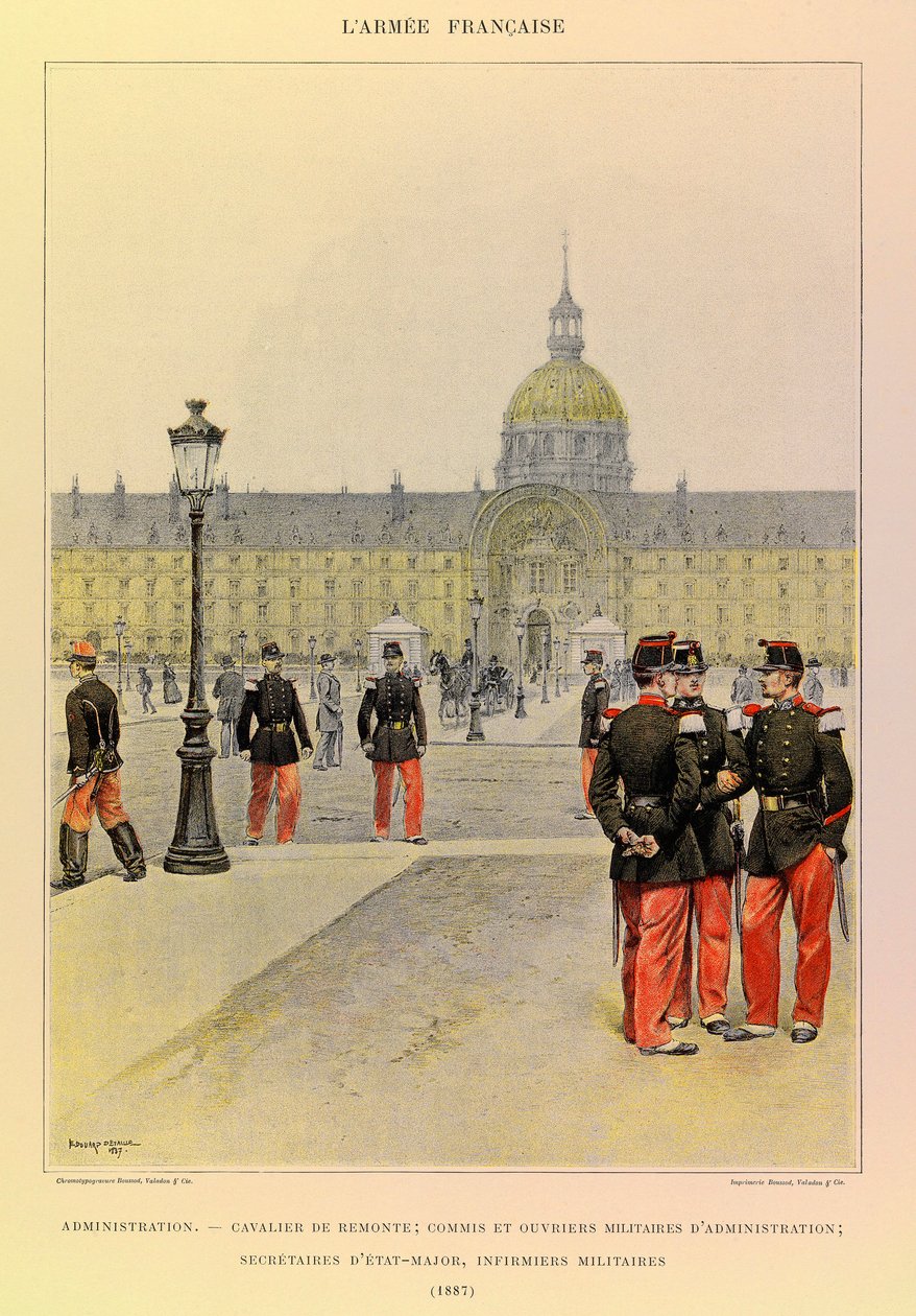 Types and uniforms of the French Army of Captain Jules Richard, illustrated by Edouard Detaille (1848-1912): Administration: Horseman, military clerk and administrative workers, staff secretaries, military nurses in 1887, Private Collection by Jean-Baptiste Edouard Detaille