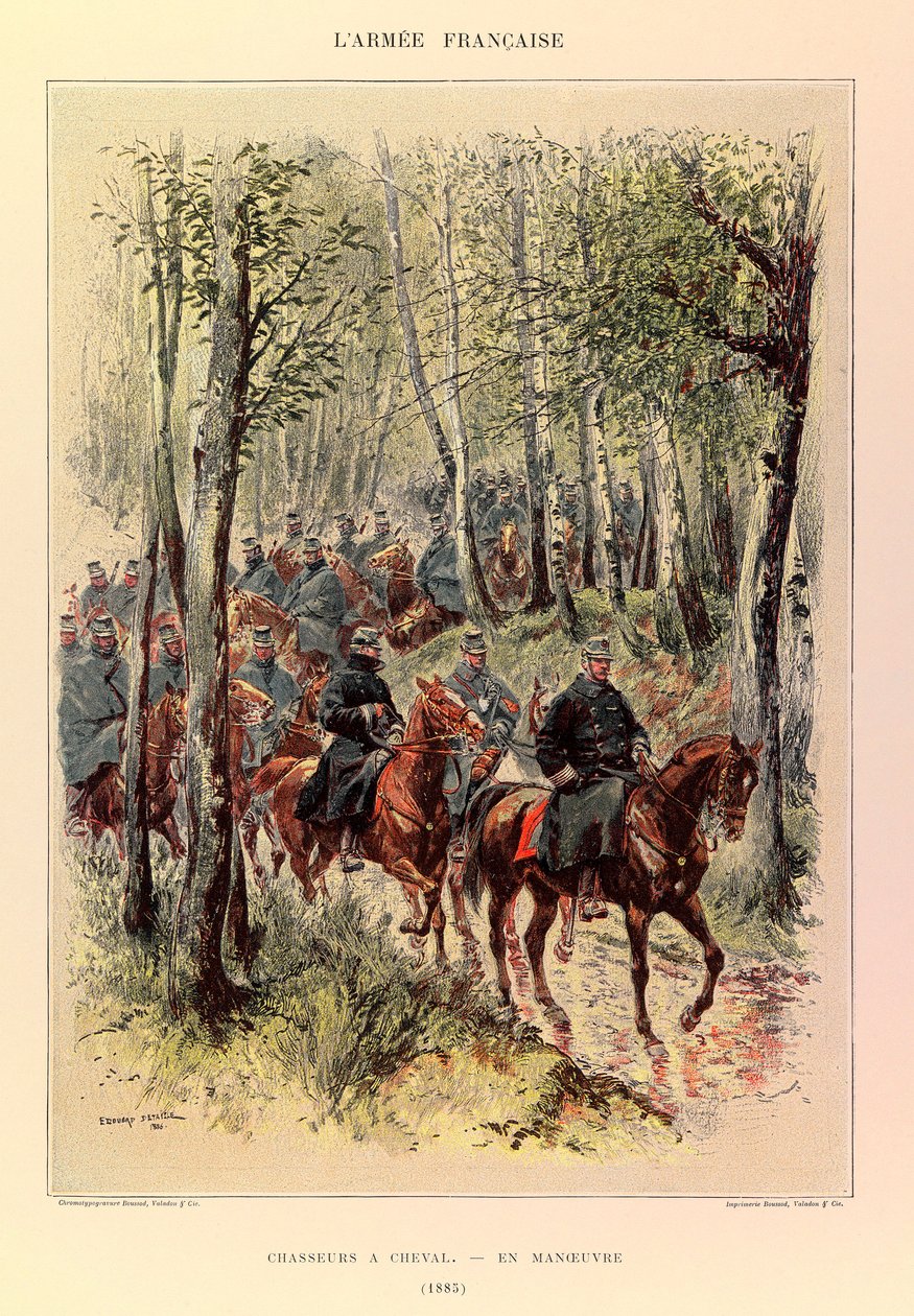 Types and Uniforms of the French Army by Captain Jules Richard, Illustrated by Edouard Detaille: Horse Hunters in Maneuver in 1885, Private Collection by Jean Baptiste Edouard Detaille