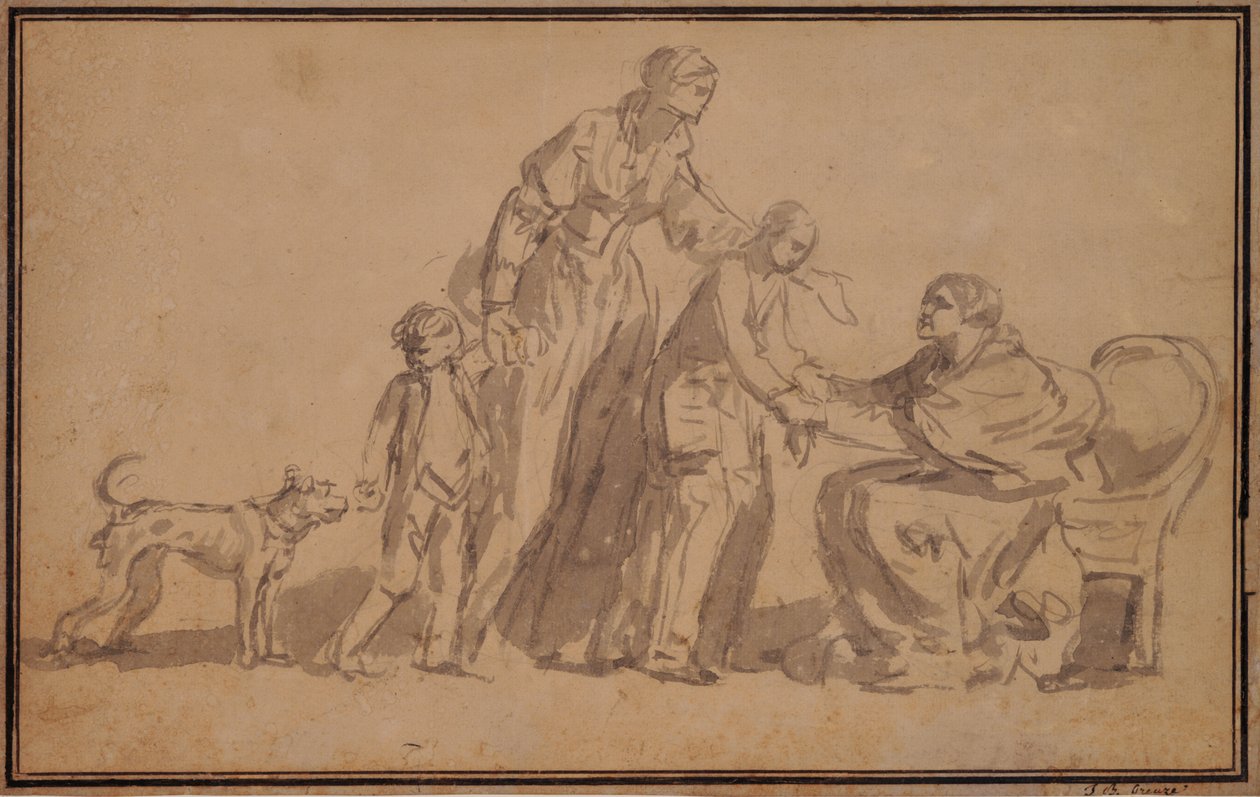 Two children and mother welcomed by an old nurse by Jean Baptiste Greuze