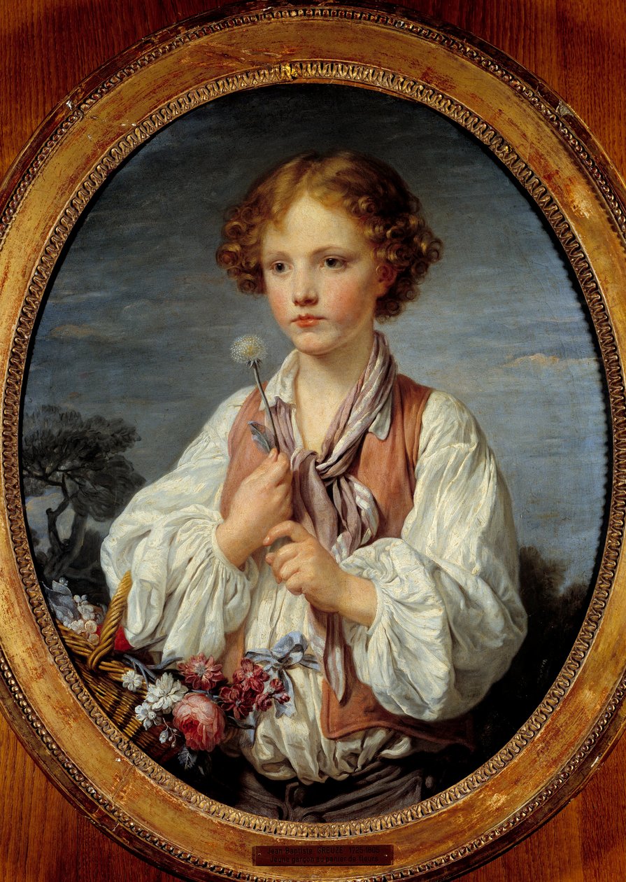 Young boy in the basket of flowers by Jean Baptiste Greuze