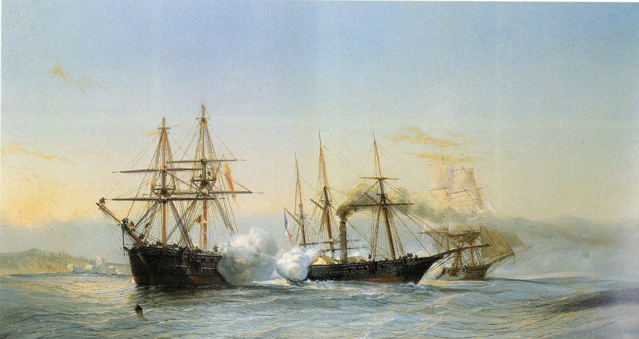 Naval Battle in Front of the Moroccan Coast Between Two Moroccan Brigs and a French Wheeled-Corvette on the Occasion of the Bombing of Mogador by the French Squadron in 1844 by Jean Baptiste Henri Durand Brager