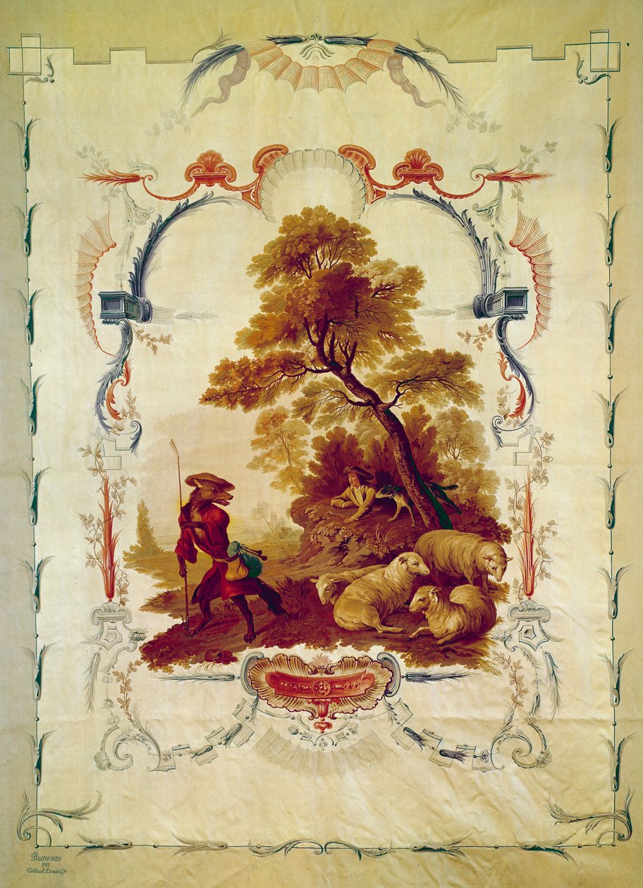 The Wolf Became Shepherd. Illustration for the fable by Jean de La Fontaine. Tapestry by Jean Baptiste Huet made at the Beauvais manufactures. 18th century Paris, national furniture by Jean Baptiste Huet