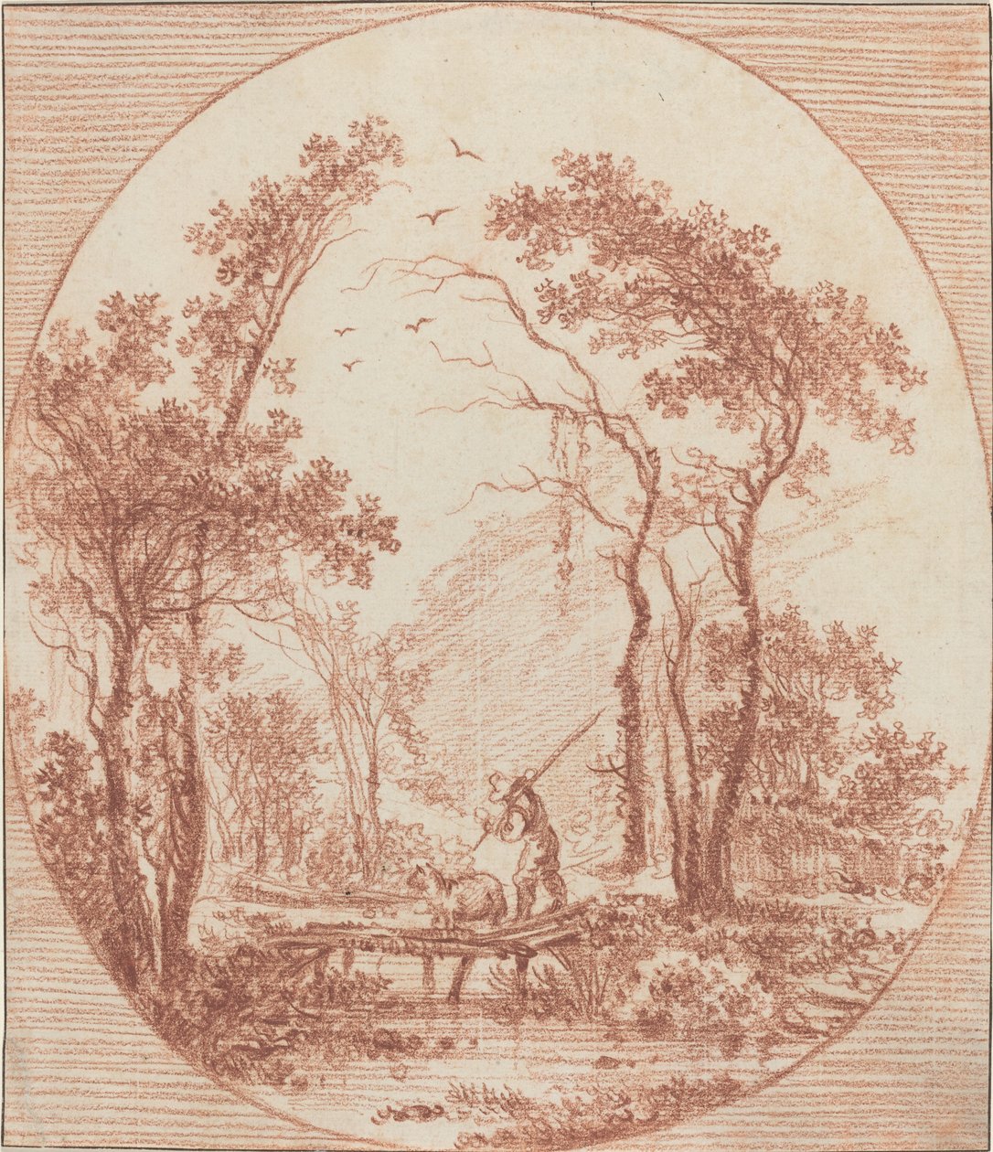 A Farmer and a Sheep Crossing a Rustic Bridge by Jean Baptiste Le Prince