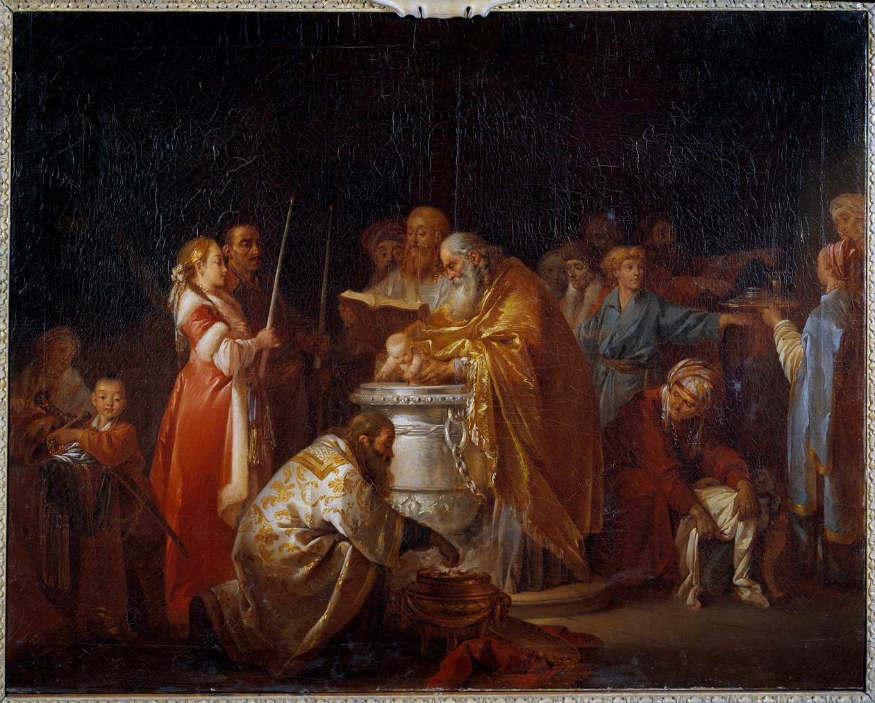 Russian baptism: An Orthodox pope baptizes a child in front of his parents by Jean Baptiste Leprince