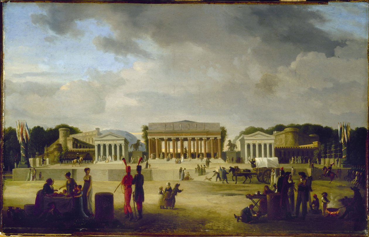 View of the grand theater erected on Place de la Concorde for the Peace Festival, 18 Brumaire, Year X (November 9, 1801) by Jean Baptiste Louis Cazin