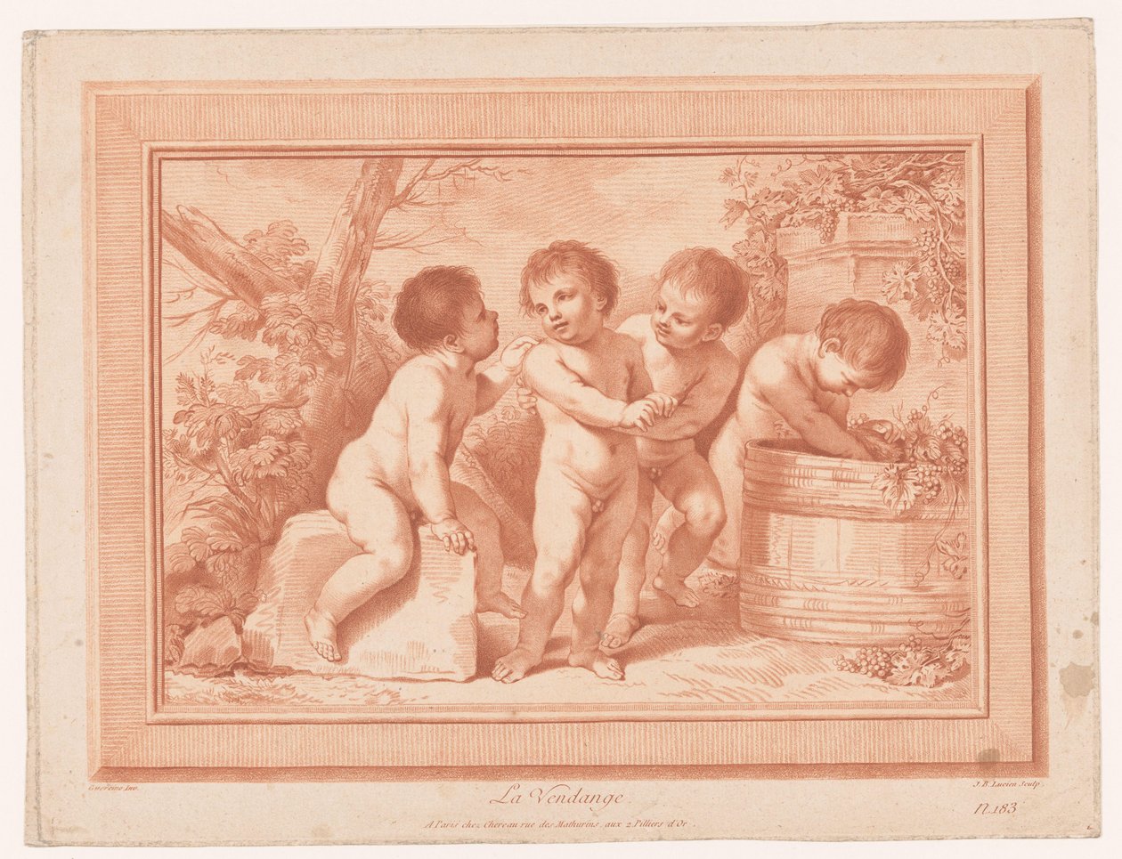 Four Putti by a Wine Barrel by Jean Baptiste Lucien
