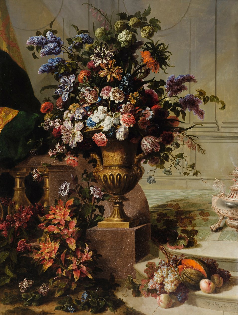 A Bouquet of Flowers in a Gilded Bronze Urn on a Porphyry Base in an Architectural Setting by Jean-Baptiste Monnoyer