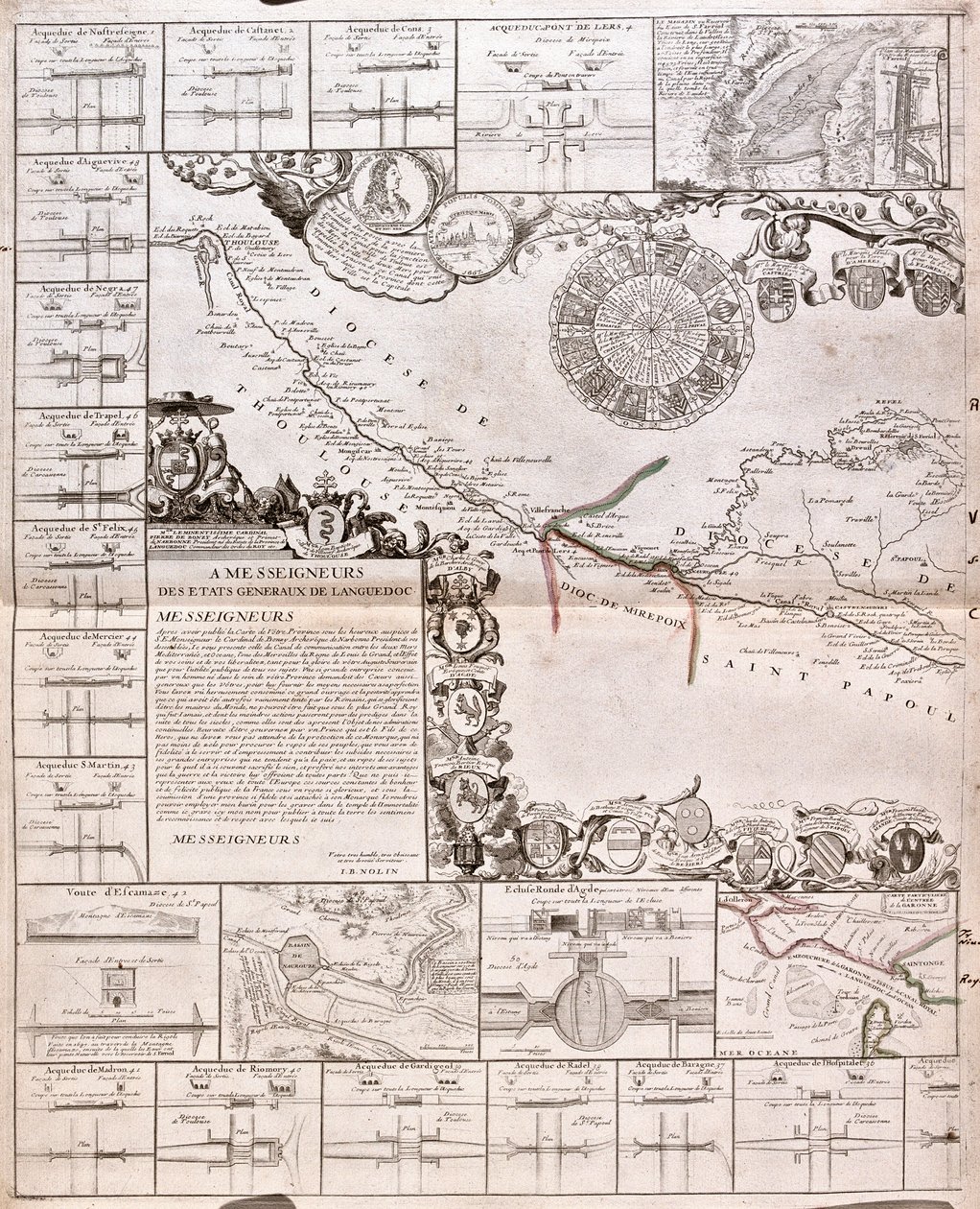 Map of the Canal du Midi, with its aqueducts by Jean Baptiste Nolin