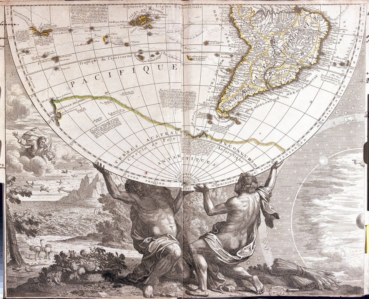 Two men support the earthly globe, with the map of South America by Jean Baptiste Nolin