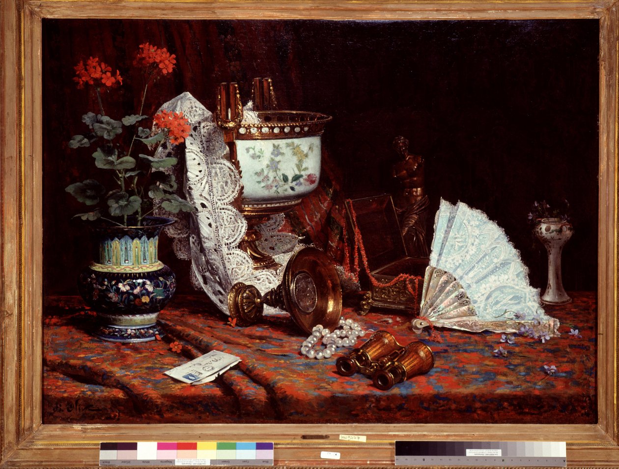 Still Life with Fan, Vase, Pot of Geraniums, Binoculars by Jean Baptiste Olive