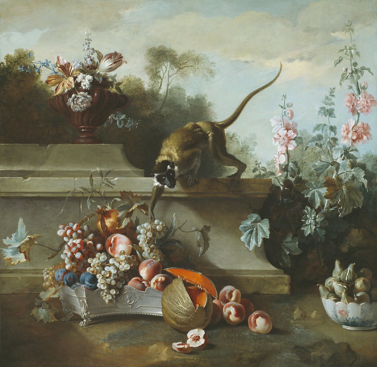 Still Life with Monkey, Fruits, and Flowers by Jean Baptiste Oudry