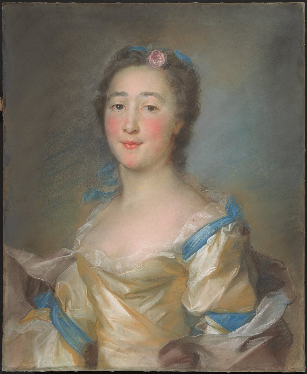 A Young Lady in a Yellow Gown with Blue Ribbons by Jean Baptiste Perronneau