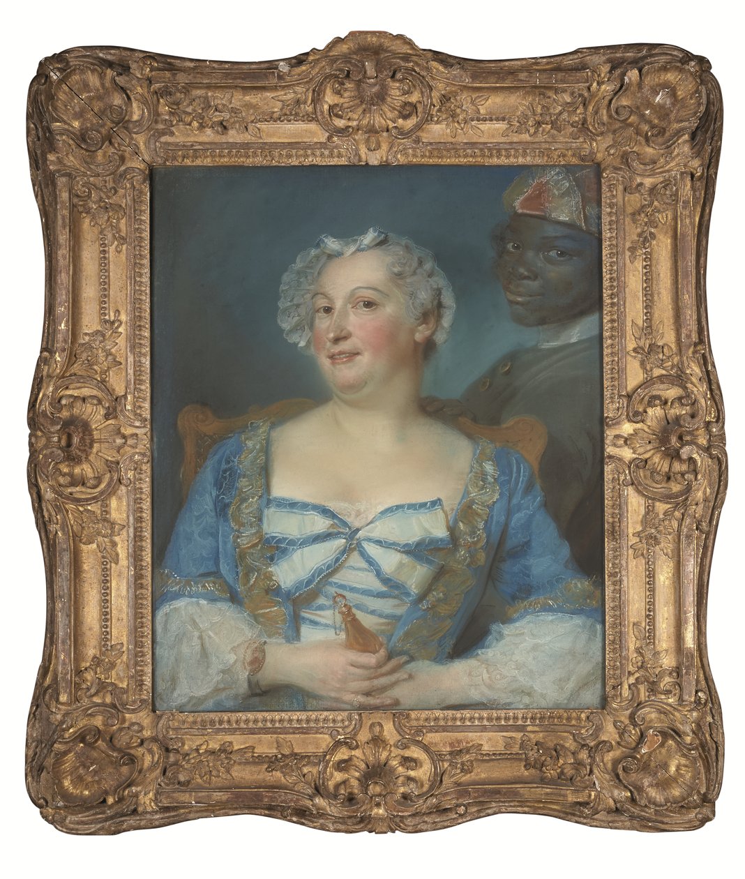 Portrait of a woman in a blue dress and her black servant by Jean Baptiste Perronneau