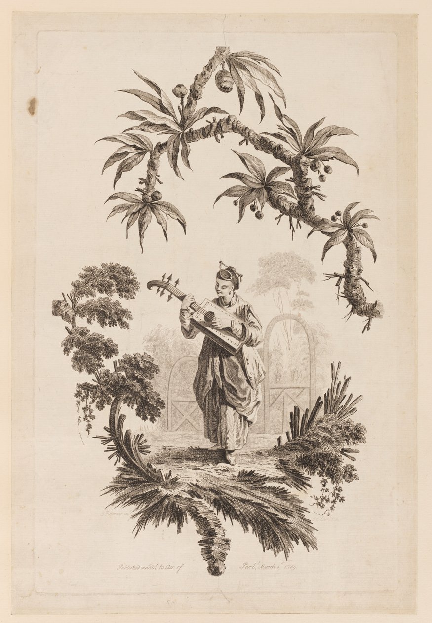 Figure Playing Musical Instrument Under Bough by Jean Baptiste Pillement