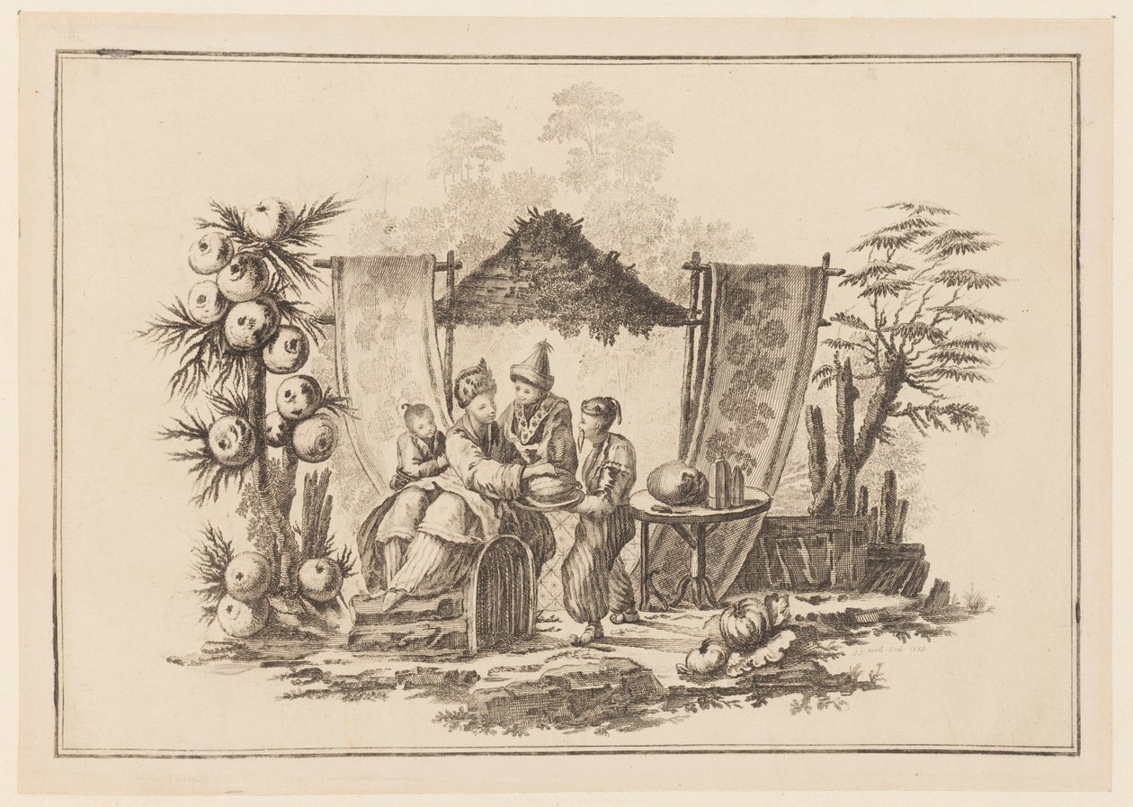 Figures with a Squash, from "Nouveau Cahier de Six Feuilles De Différents Sujets Chinois Historiés" by Jean Baptiste Pillement