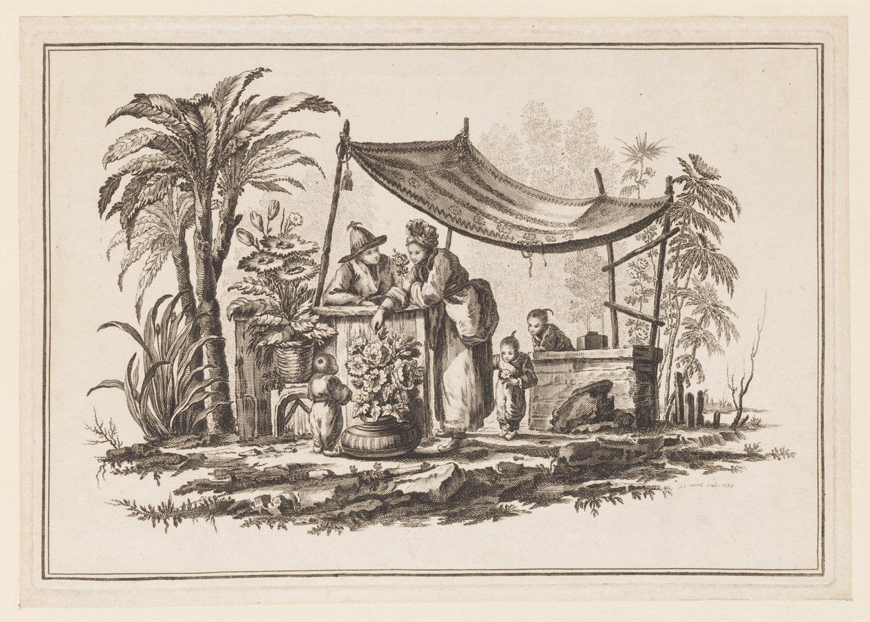 Figures with a Vase of Flowers, from "Nouveau Cahier de Six Feuilles De Différents Sujets Chinois Historiés" by Jean Baptiste Pillement
