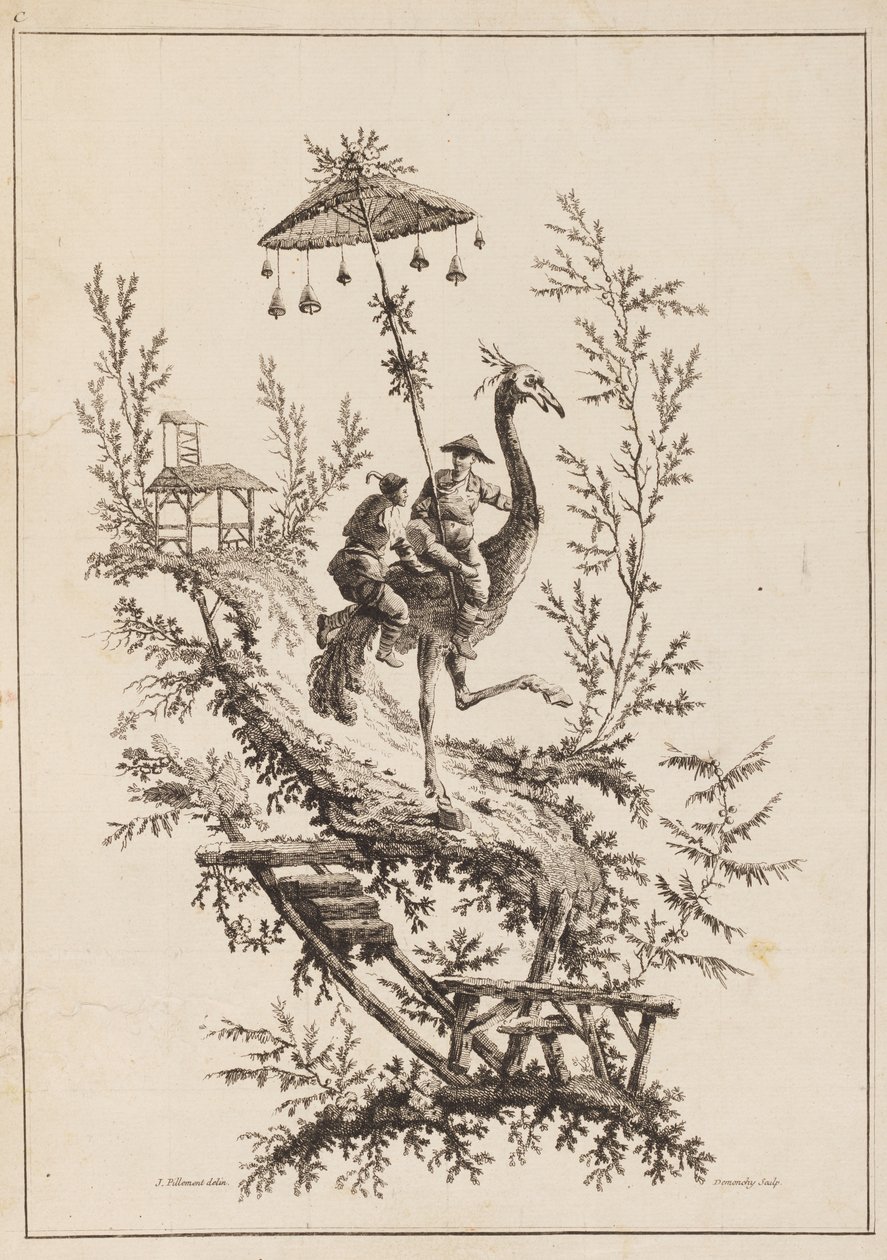 Ostrich Riders, Plate from a Set of Chinoiserie Representations by Jean Baptiste Pillement