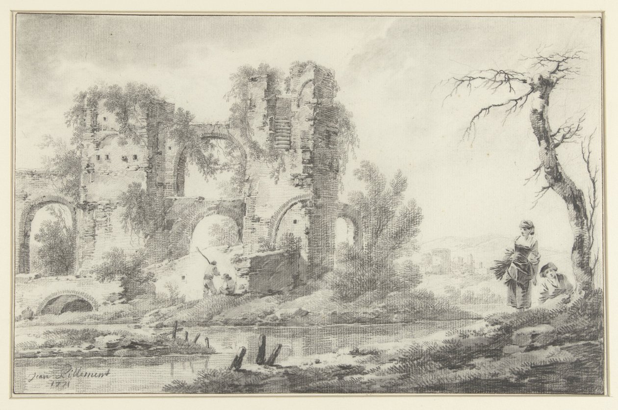 Ruin by a River with a Boy and a Girl on the Right by Jean Baptiste Pillement