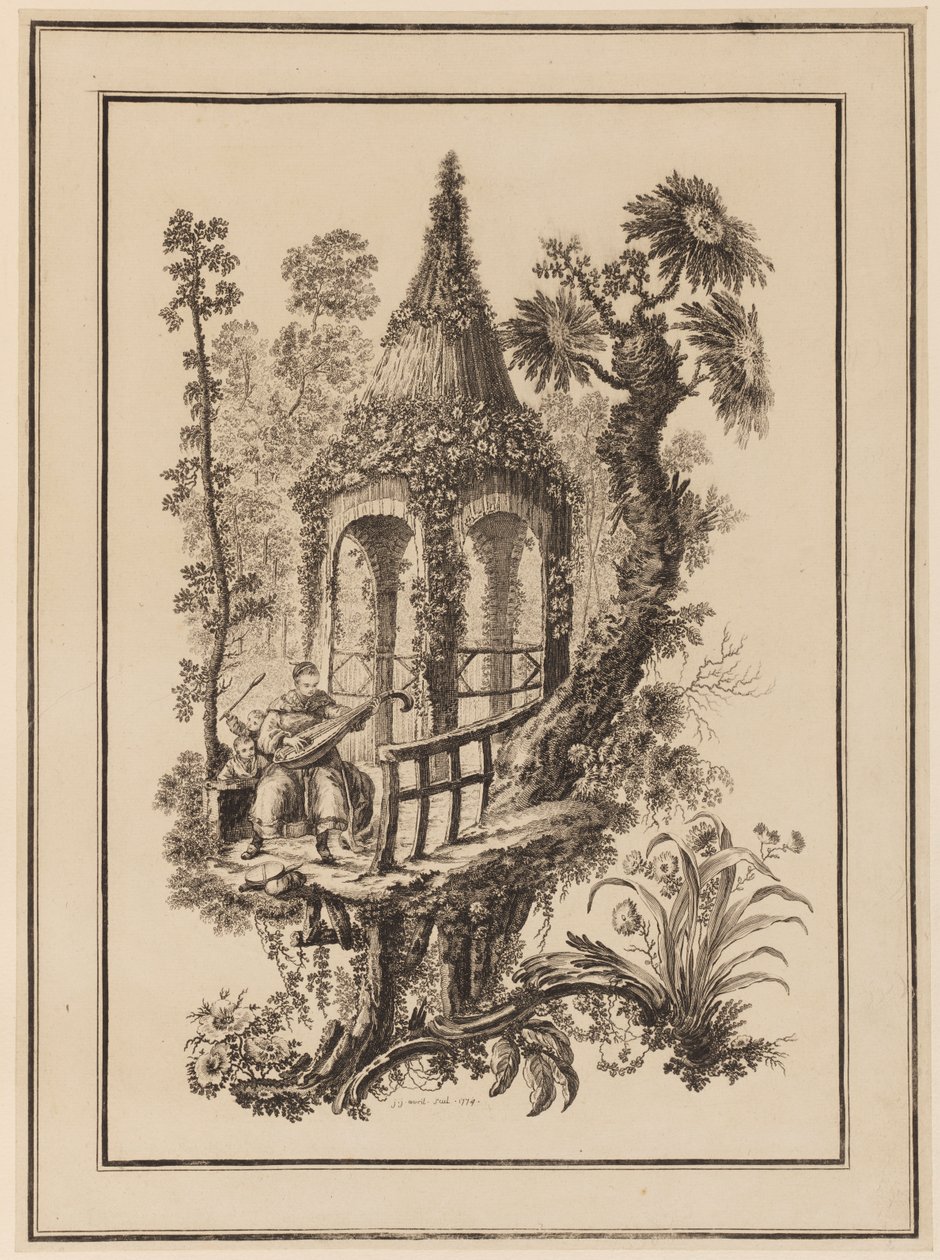 Three Figures in Front of Structure with Trees by Jean Baptiste Pillement
