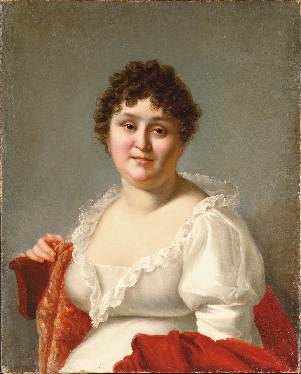Portrait of Madame Regnault, bust-length, in a white dress and persimmon shawl by Jean Baptiste Regnault