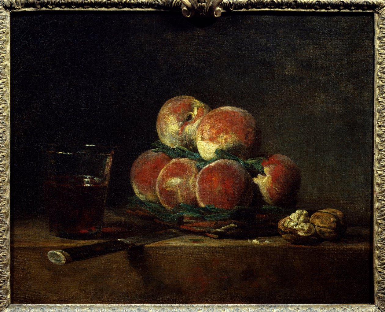 Basket of Peaches with Nuts, Knife, and Glass of Wine by Jean Baptiste Simeon Chardin