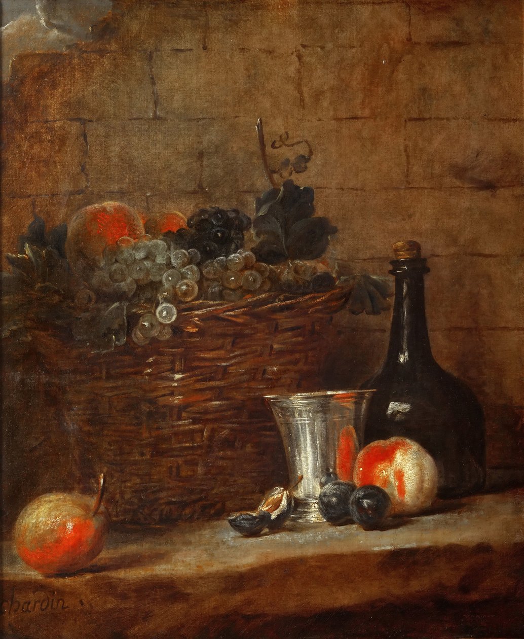 Fruit Basket with Grapes, a Silver Goblet and a Bottle, Peaches, Plums, and a Pear by Jean Baptiste Simeon Chardin
