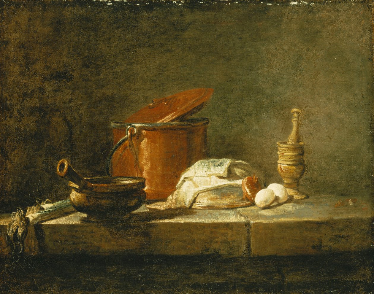 Leeks, a Casserole, a Copper Pot with a Cover, a Slice of Fish, an Onion and Two Eggs, with a Pestle and Mortar, on a Ledge by Jean Baptiste Simeon Chardin