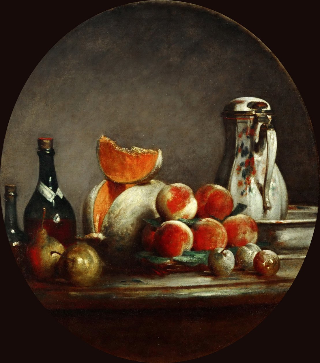 Melons, pears, peaches and plums, or The cut melon by Jean Baptiste Simeon Chardin
