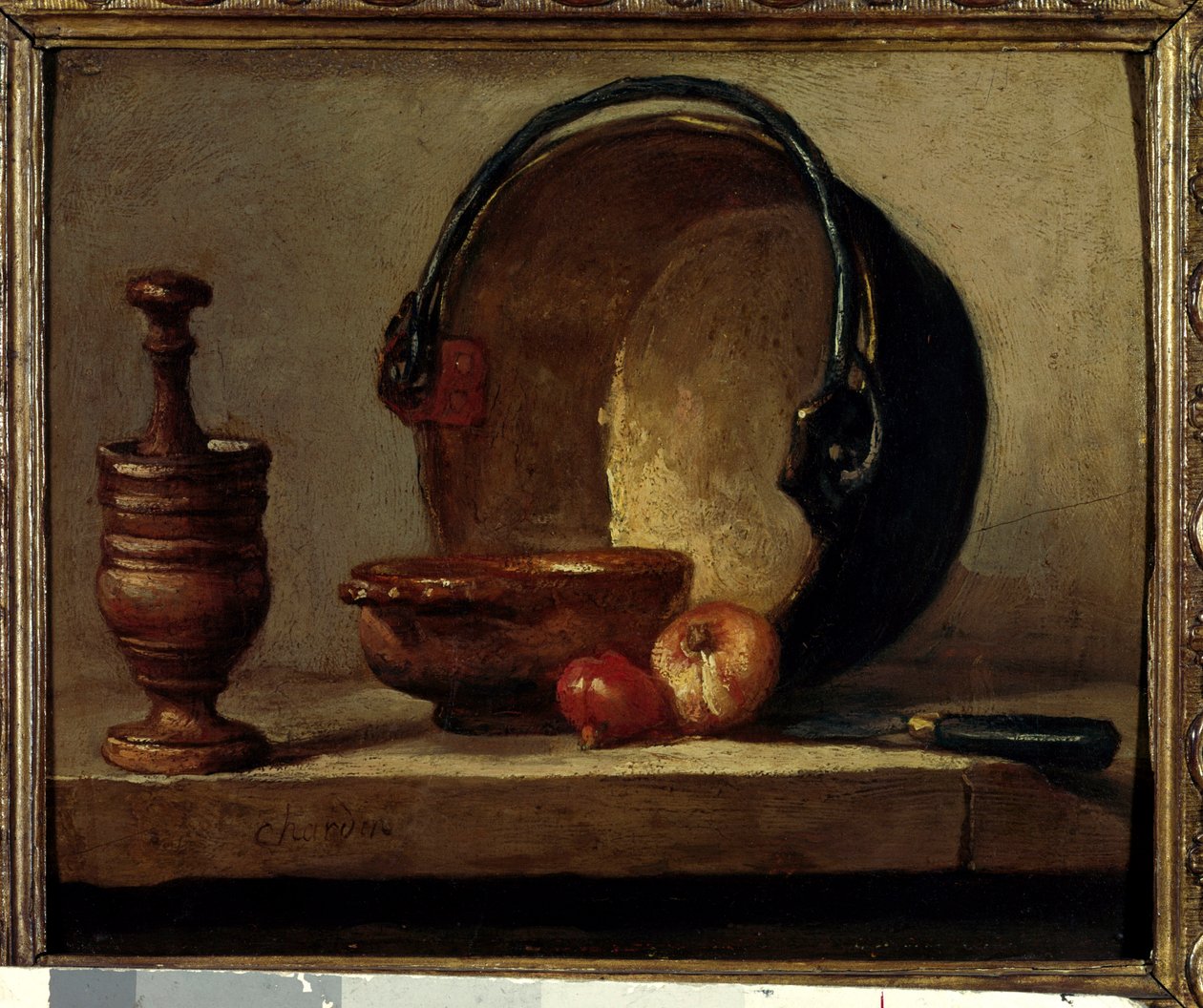 The Copper Cauldron Still Life with Mortar and Onions by Jean-Baptiste Simeon Chardin
