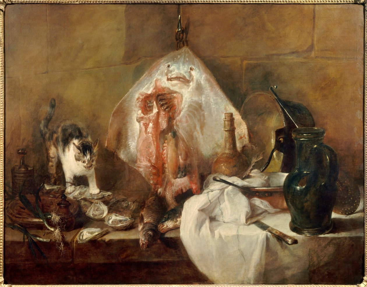 The still life skate of fish, oysters, jug by Jean Baptiste Simeon Chardin