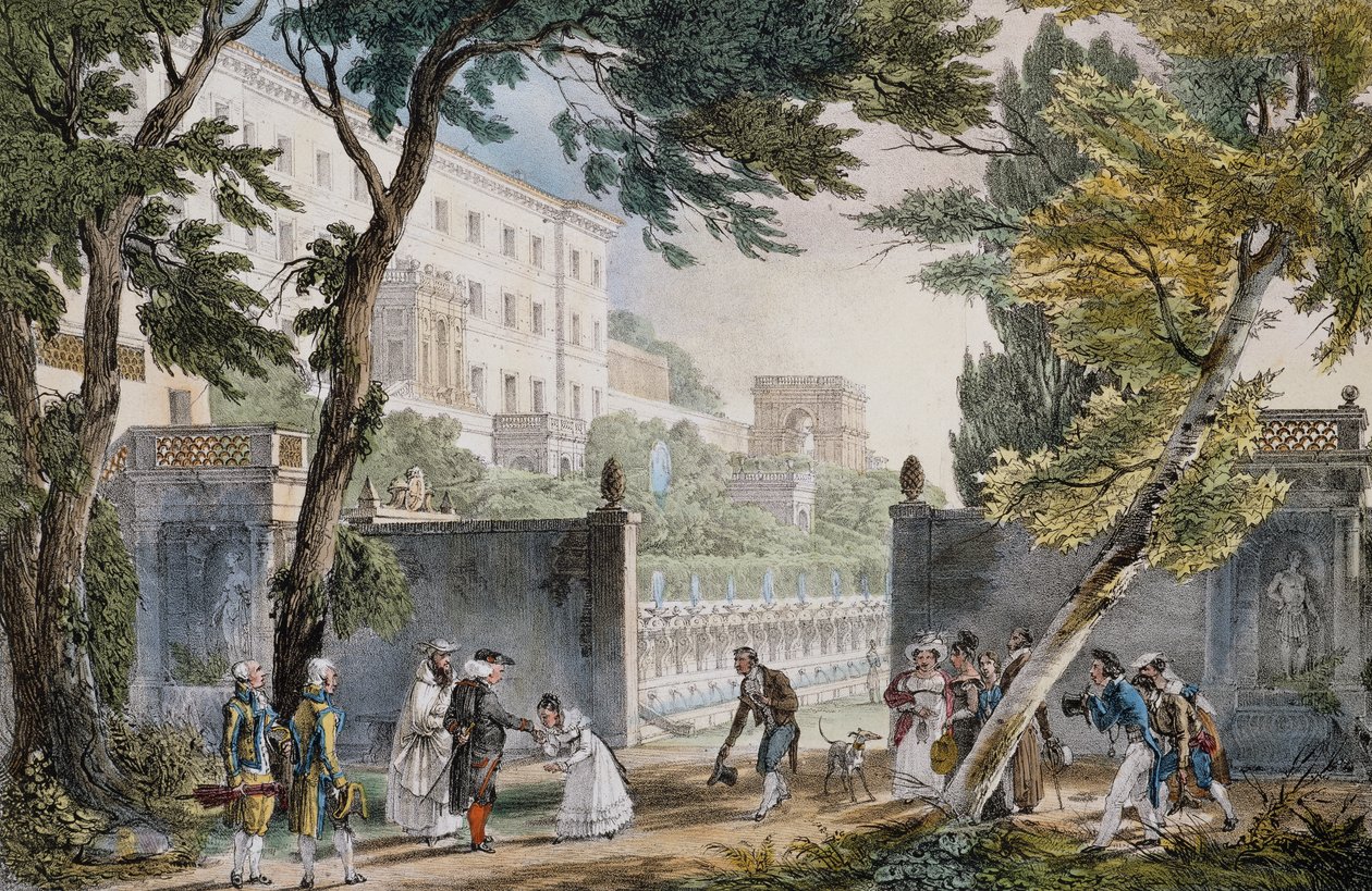 A villa: meeting scene of the nobility - engraving by John the Baptist (Jean-Baptiste) Thomas, circa 1820 by Jean Baptiste Thomas