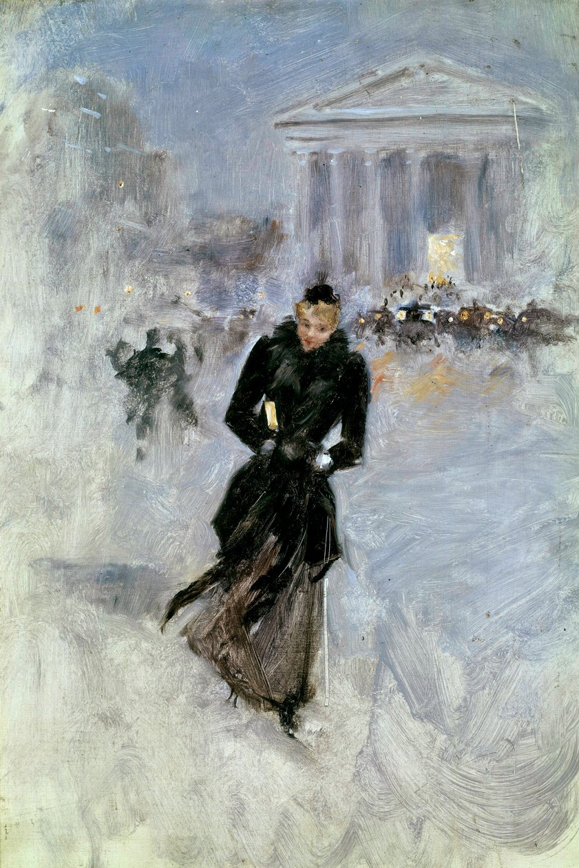 Young Elegant Woman at the Boa in the Rue Royale in Paris by Jean Beraud