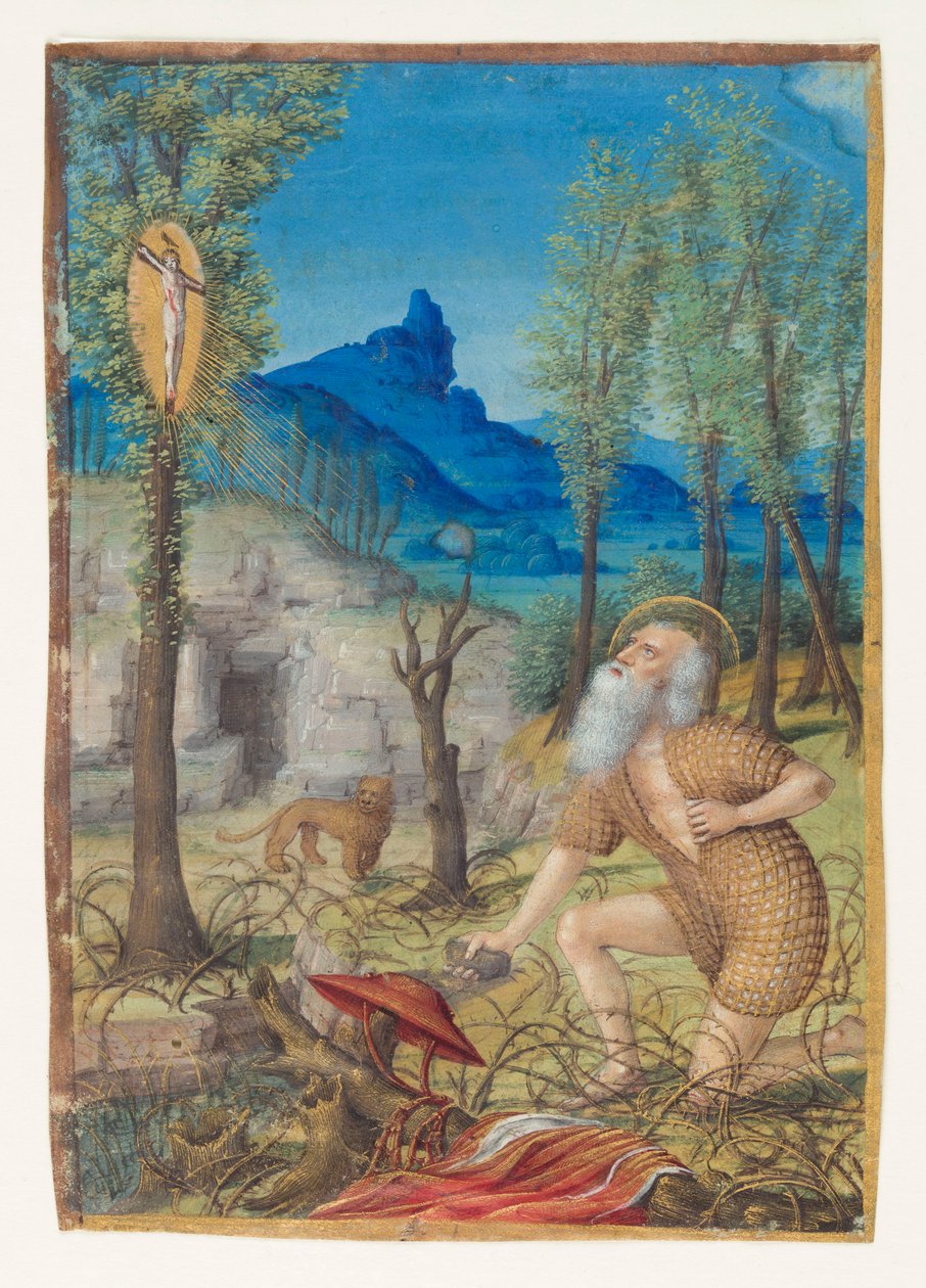 Saint Jerome Repenting in the Wilderness, verso: Antiphon Text for St. Gregory by Jean Bourdichon