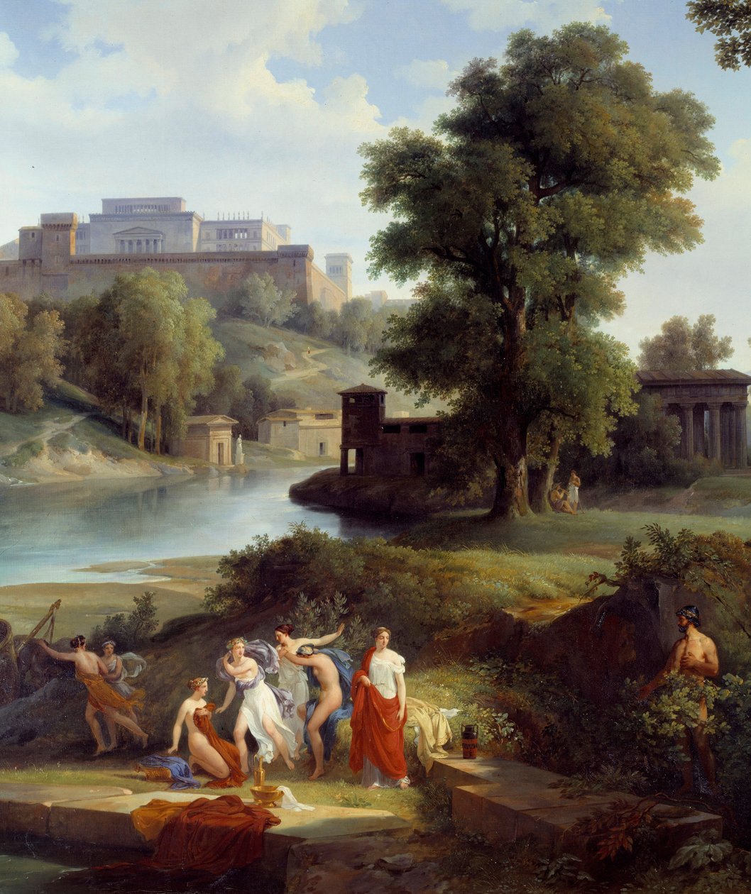 Odyssey of Homer: Ulysses sees Nausicaa, daughter of King Alcinous, playing ball with her followers (detail) by Jean Charles Joseph Rémond