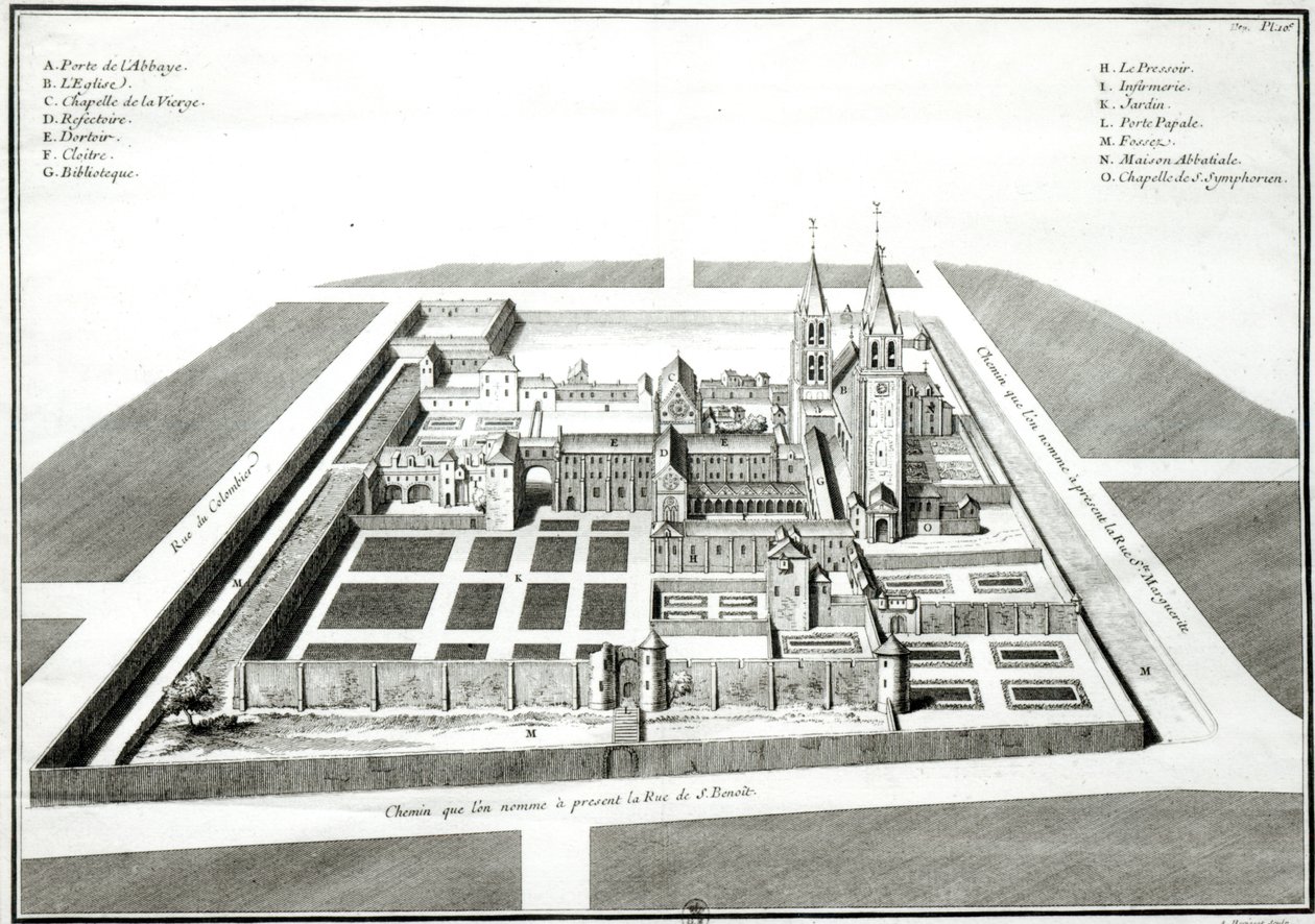 View of the Abbey of Saint-Germain-des-Pres before 1640, engraved by Antoine Herisset by Jean Chaufourier